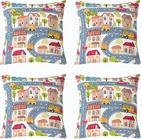 Manfei City Roadway Beige Double Sides Print Pillow Covers for Sofa Chair,Gray Road Car Bus Truck Hand Graffiti Throw Pillow Case Covers,Countryside Suburb House Tree 4 Pack Cushion Covers,16"x16"