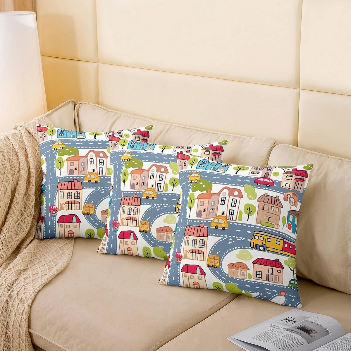 Manfei City Roadway Beige Double Sides Print Pillow Covers for Sofa Chair,Gray Road Car Bus Truck Hand Graffiti Throw Pillow Case Covers,Countryside Suburb House Tree 4 Pack Cushion Covers,16"x16"