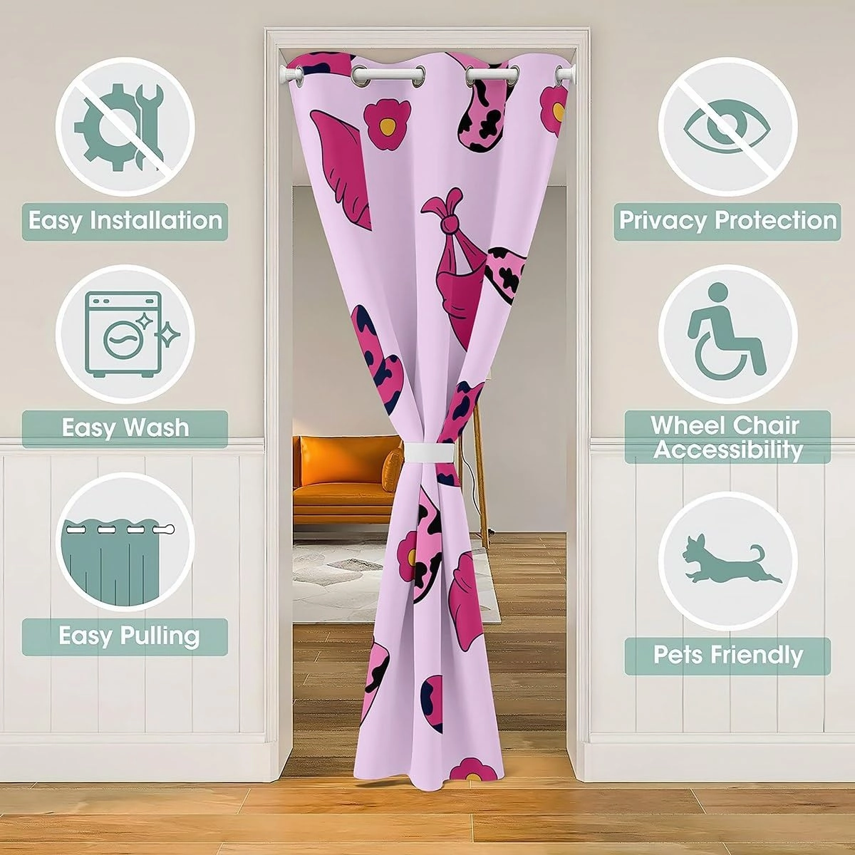 Manfei Cowgirl Pink Door Cover Curtain,Western Boots Caps Rustic Cowhide Print Doorway Curtain for Living Room,Cartoon Daisy Flowers Kawaii Girly 80"×52" Window Treatment for Kids Teens