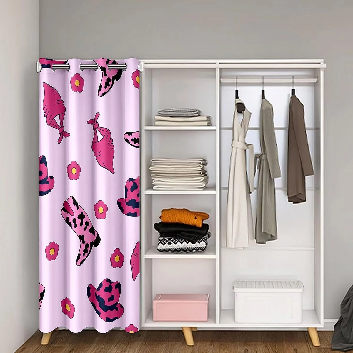 Manfei Cowgirl Pink Door Cover Curtain,Western Boots Caps Rustic Cowhide Print Doorway Curtain for Living Room,Cartoon Daisy Flowers Kawaii Girly 80"×52" Window Treatment for Kids Teens