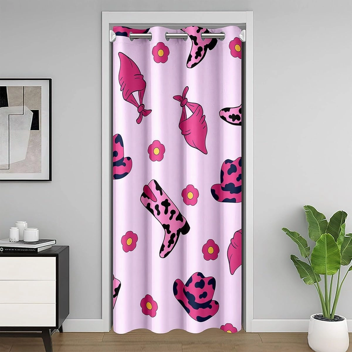 Manfei Cowgirl Pink Door Cover Curtain,Western Boots Caps Rustic Cowhide Print Doorway Curtain for Living Room,Cartoon Daisy Flowers Kawaii Girly 80"×52" Window Treatment for Kids Teens