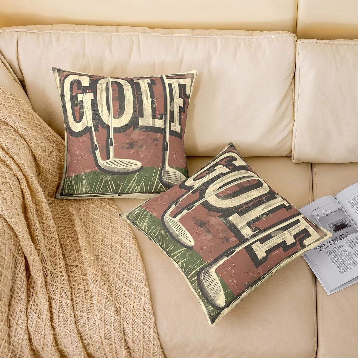 Manfei Golf 2 Pack Pillow Covers,Golf Club Sport Lovers Fashion Reversible Print Cushion Covers,Spoting Game Vintage Beige Graffiti Couch 20"x 20" Pillow Covers for Sofa Bed