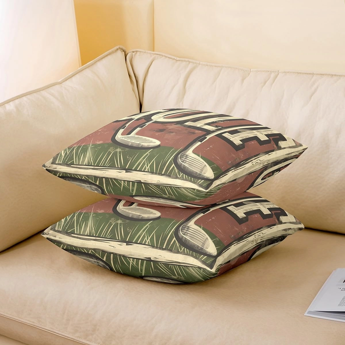 Manfei Golf 2 Pack Pillow Covers,Golf Club Sport Lovers Fashion Reversible Print Cushion Covers,Spoting Game Vintage Beige Graffiti Couch 20"x 20" Pillow Covers for Sofa Bed