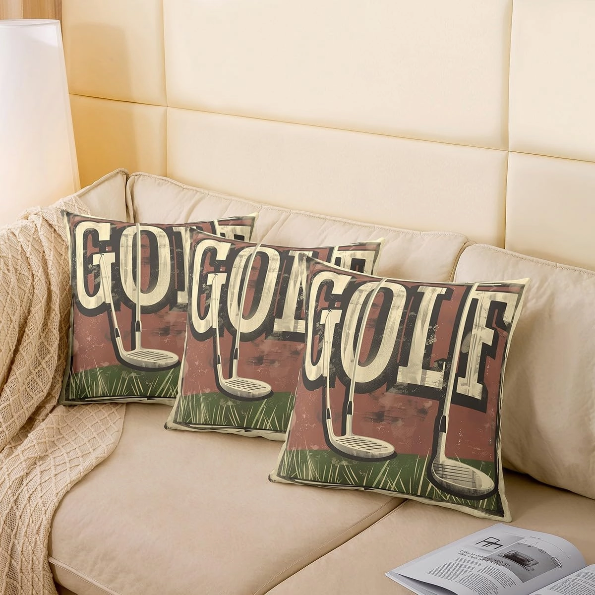 Manfei Golf 2 Pack Pillow Covers,Golf Club Sport Lovers Fashion Reversible Print Cushion Covers,Spoting Game Vintage Beige Graffiti Couch 20"x 20" Pillow Covers for Sofa Bed