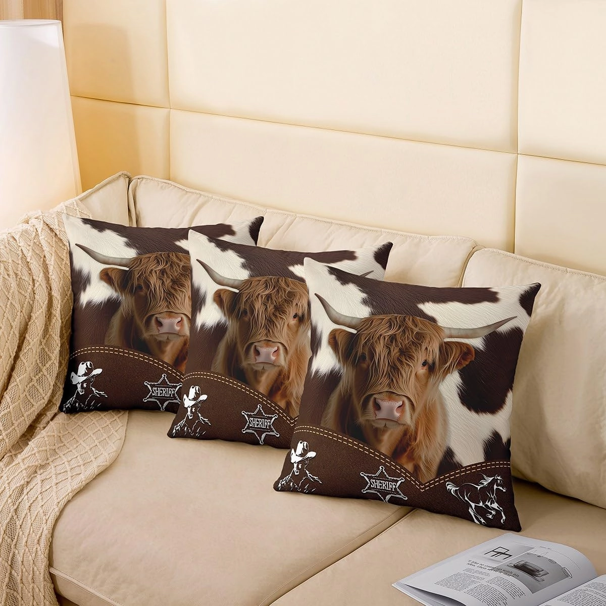 Manfei Highland Cattle 22"x 22" Pillow Covers,Western Cowboy Farm Animal Throw Pillow Case Covers,Rustic Farmhouse Brown Cowhide Print Double Sides Print Cushion Covers,2 Pack