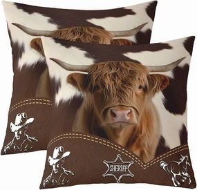 Manfei Highland Cattle 22"x 22" Pillow Covers,Western Cowboy Farm Animal Throw Pillow Case Covers,Rustic Farmhouse Brown Cowhide Print Double Sides Print Cushion Covers,2 Pack