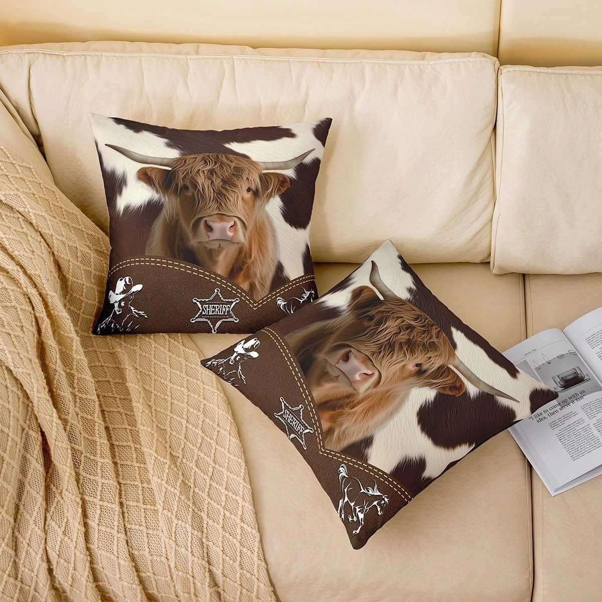 Manfei Highland Cattle 22"x 22" Pillow Covers,Western Cowboy Farm Animal Throw Pillow Case Covers,Rustic Farmhouse Brown Cowhide Print Double Sides Print Cushion Covers,2 Pack