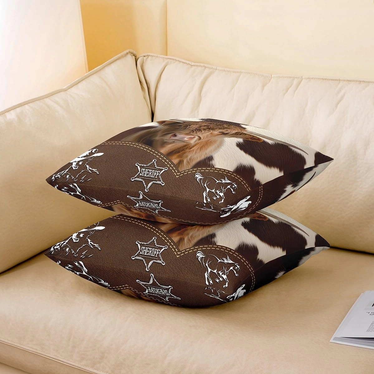 Manfei Highland Cattle 22"x 22" Pillow Covers,Western Cowboy Farm Animal Throw Pillow Case Covers,Rustic Farmhouse Brown Cowhide Print Double Sides Print Cushion Covers,2 Pack