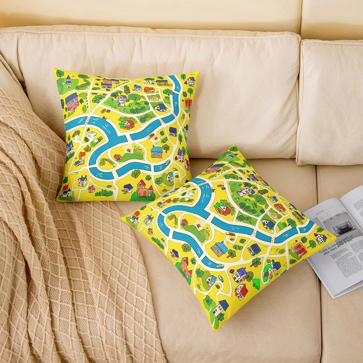 Manfei Rustic Countryside 4 Pack Pillow Covers 16"x16",Suburb House Tree River Hand Graffiti Pillowcase Double Sides Print Cushion Case,Yellow Nature Roadway Landscape Throw Pillow Covers