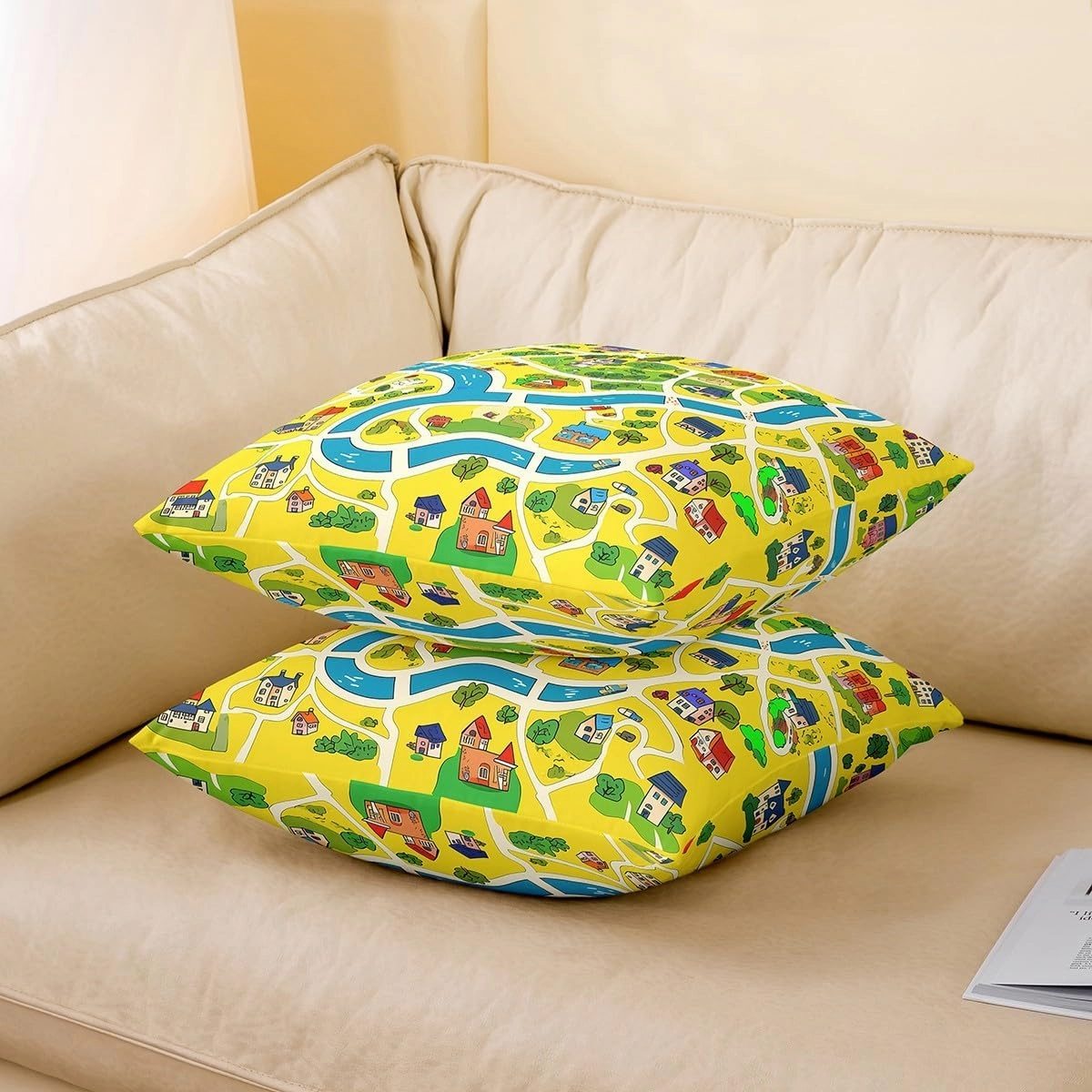 Manfei Rustic Countryside 4 Pack Pillow Covers 16"x16",Suburb House Tree River Hand Graffiti Pillowcase Double Sides Print Cushion Case,Yellow Nature Roadway Landscape Throw Pillow Covers