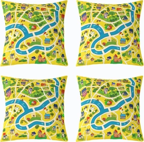 Manfei Rustic Countryside 4 Pack Pillow Covers 16"x16",Suburb House Tree River Hand Graffiti Pillowcase Double Sides Print Cushion Case,Yellow Nature Roadway Landscape Throw Pillow Covers