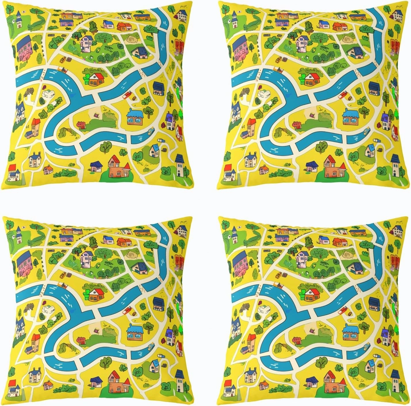 Manfei Rustic Countryside 4 Pack Pillow Covers 16"x16",Suburb House Tree River Hand Graffiti Pillowcase Double Sides Print Cushion Case,Yellow Nature Roadway Landscape Throw Pillow Covers