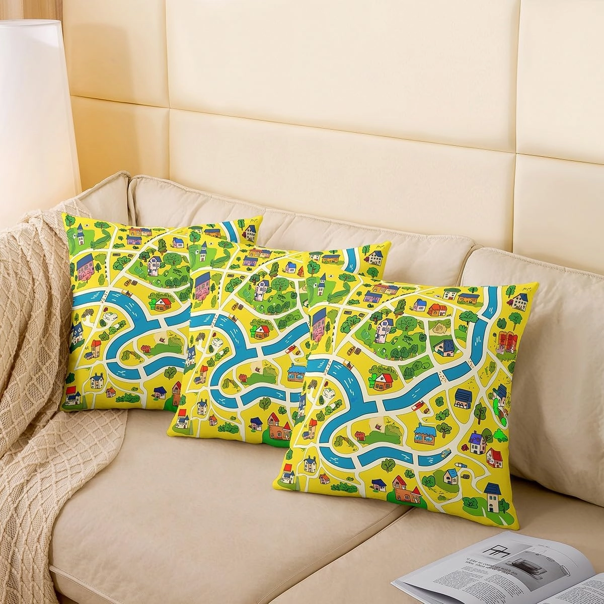 Manfei Rustic Countryside 4 Pack Pillow Covers 16"x16",Suburb House Tree River Hand Graffiti Pillowcase Double Sides Print Cushion Case,Yellow Nature Roadway Landscape Throw Pillow Covers