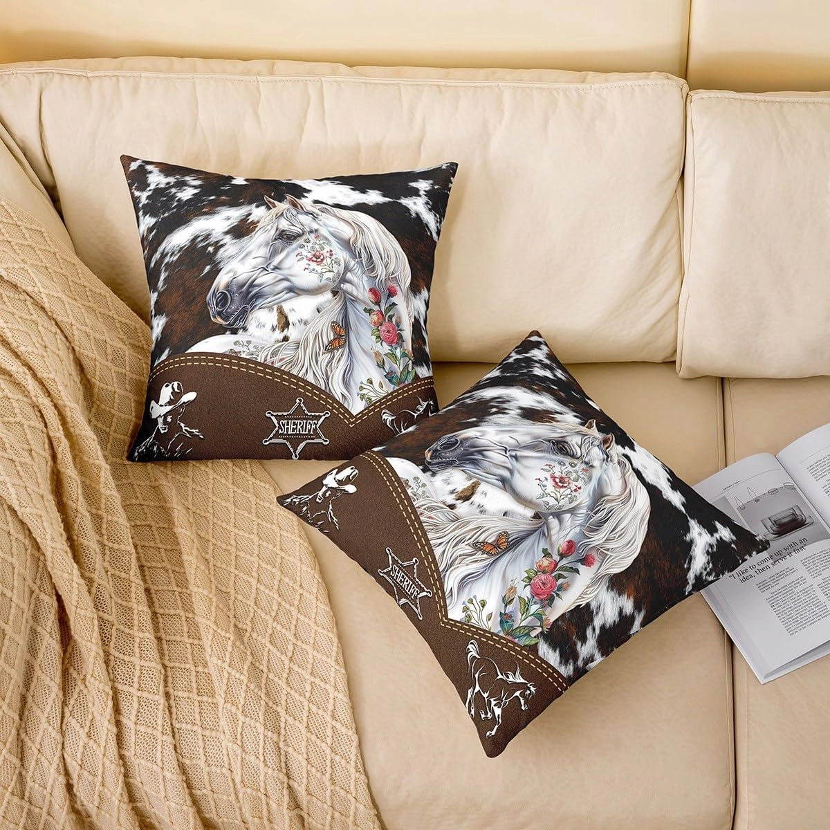 Manfei Rustic Horse Pack of 2 Pillow Covers for Bed or Sofa,Boho Flowers Farmhouse Animal Reversible Print Cushion Covers,Western Cowboy Retro Brown Cowhide Print Pillow Covers,22"x 22"