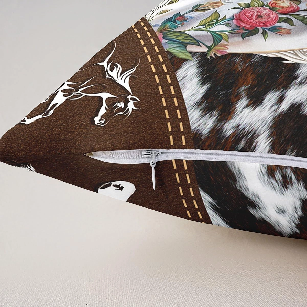 Manfei Rustic Horse Pack of 2 Pillow Covers for Bed or Sofa,Boho Flowers Farmhouse Animal Reversible Print Cushion Covers,Western Cowboy Retro Brown Cowhide Print Pillow Covers,22"x 22"