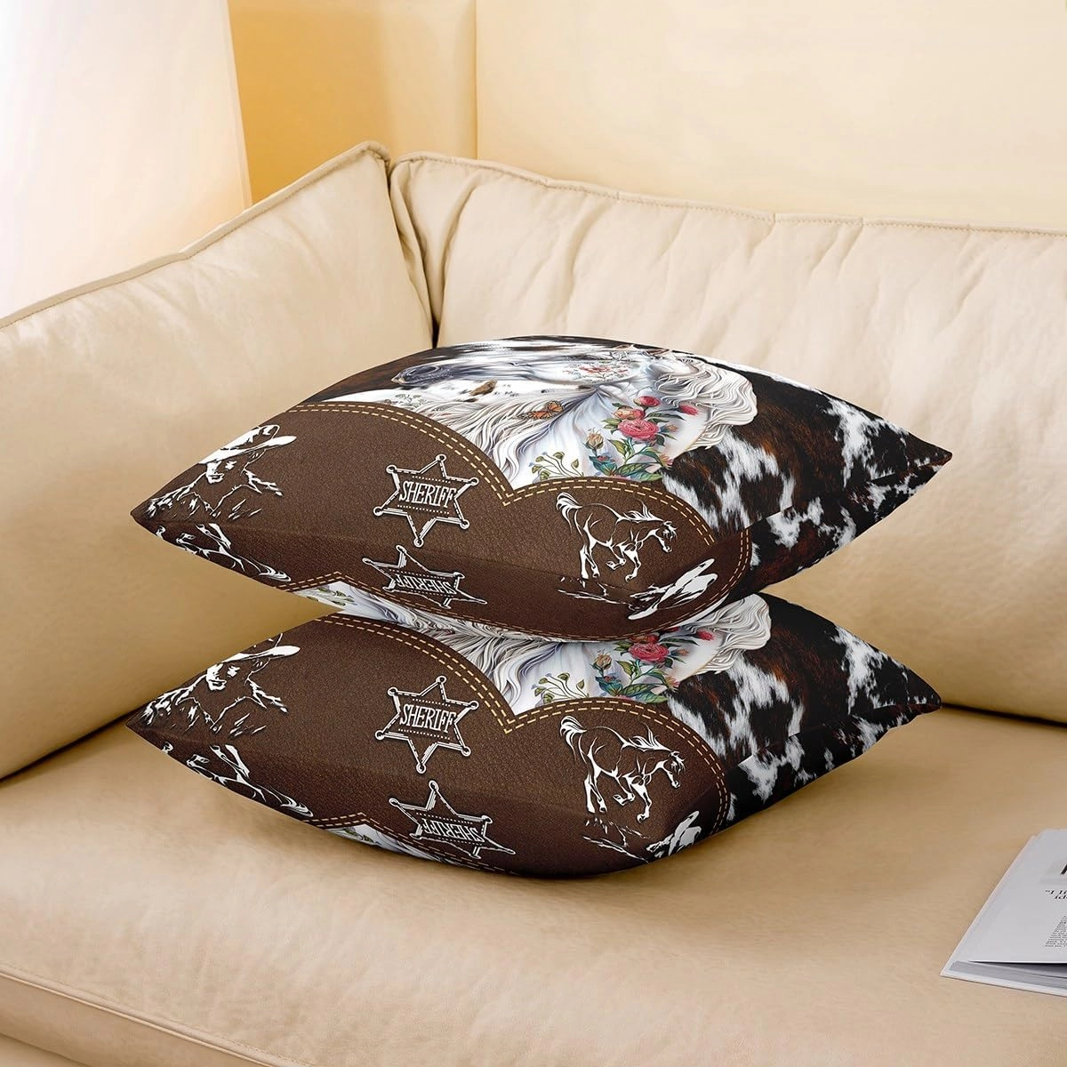 Manfei Rustic Horse Pack of 2 Pillow Covers for Bed or Sofa,Boho Flowers Farmhouse Animal Reversible Print Cushion Covers,Western Cowboy Retro Brown Cowhide Print Pillow Covers,22"x 22"