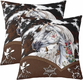 Manfei Rustic Horse Pack of 2 Pillow Covers for Bed or Sofa,Boho Flowers Farmhouse Animal Reversible Print Cushion Covers,Western Cowboy Retro Brown Cowhide Print Pillow Covers,22"x 22"