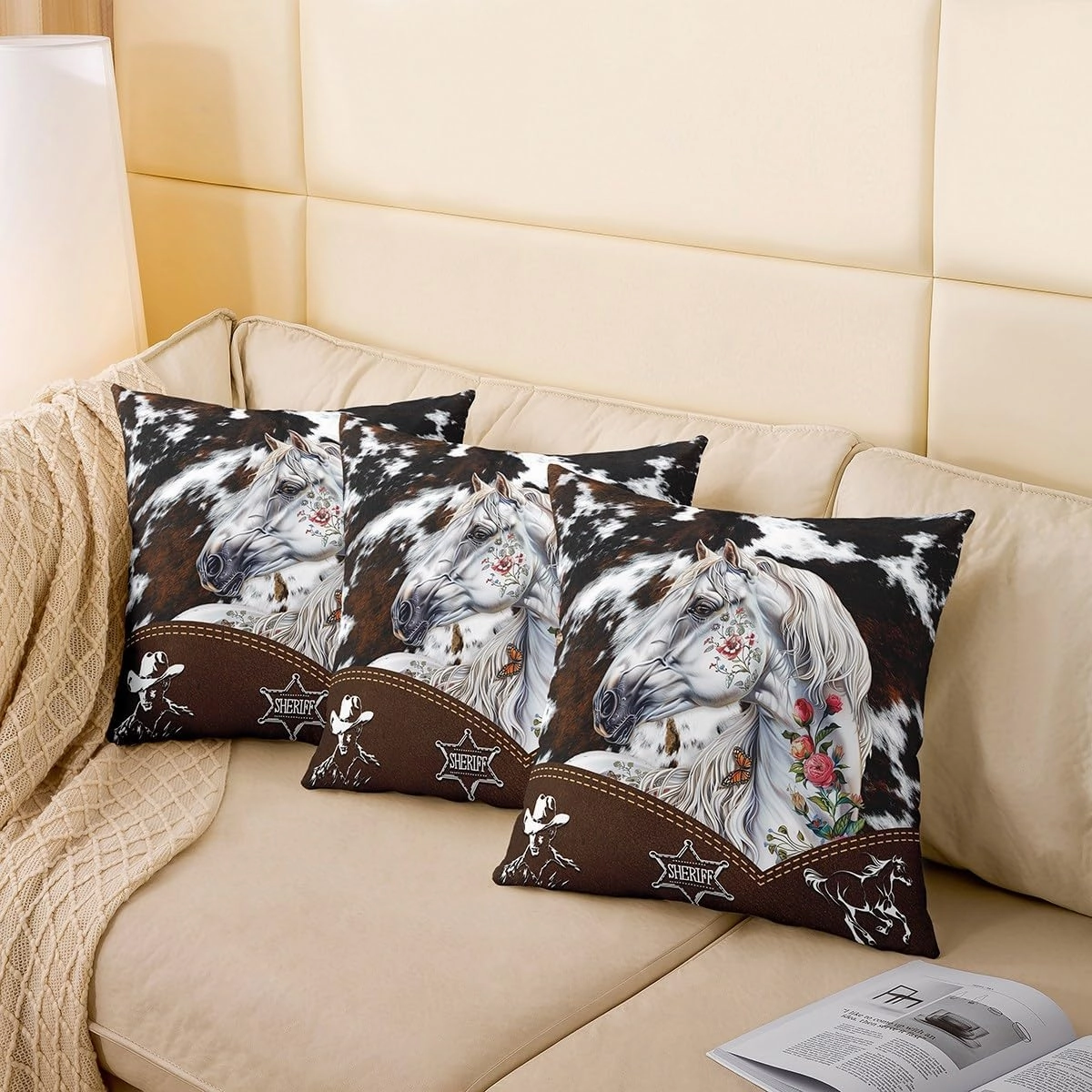 Manfei Rustic Horse Pack of 2 Pillow Covers for Bed or Sofa,Boho Flowers Farmhouse Animal Reversible Print Cushion Covers,Western Cowboy Retro Brown Cowhide Print Pillow Covers,22"x 22"