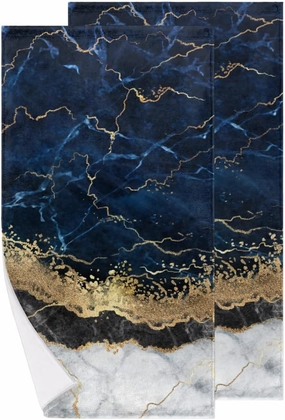 Marble Texture Hand Towels for Bathroom Set of 2, Navy Blue Marble Decorative Bath Towels Soft Absorbent Face Towel for Kitchen Home Sports Gym Decor