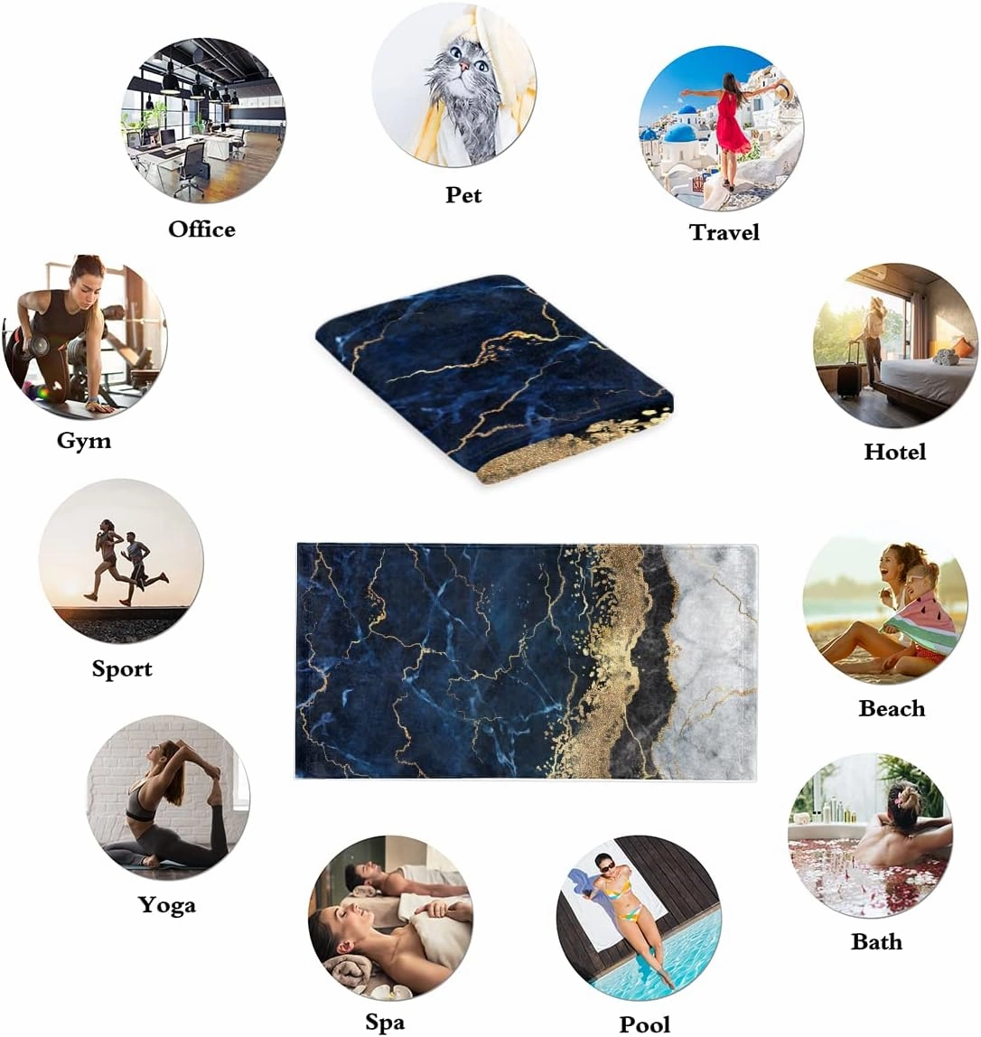 Marble Texture Hand Towels for Bathroom Set of 2, Navy Blue Marble Decorative Bath Towels Soft Absorbent Face Towel for Kitchen Home Sports Gym Decor
