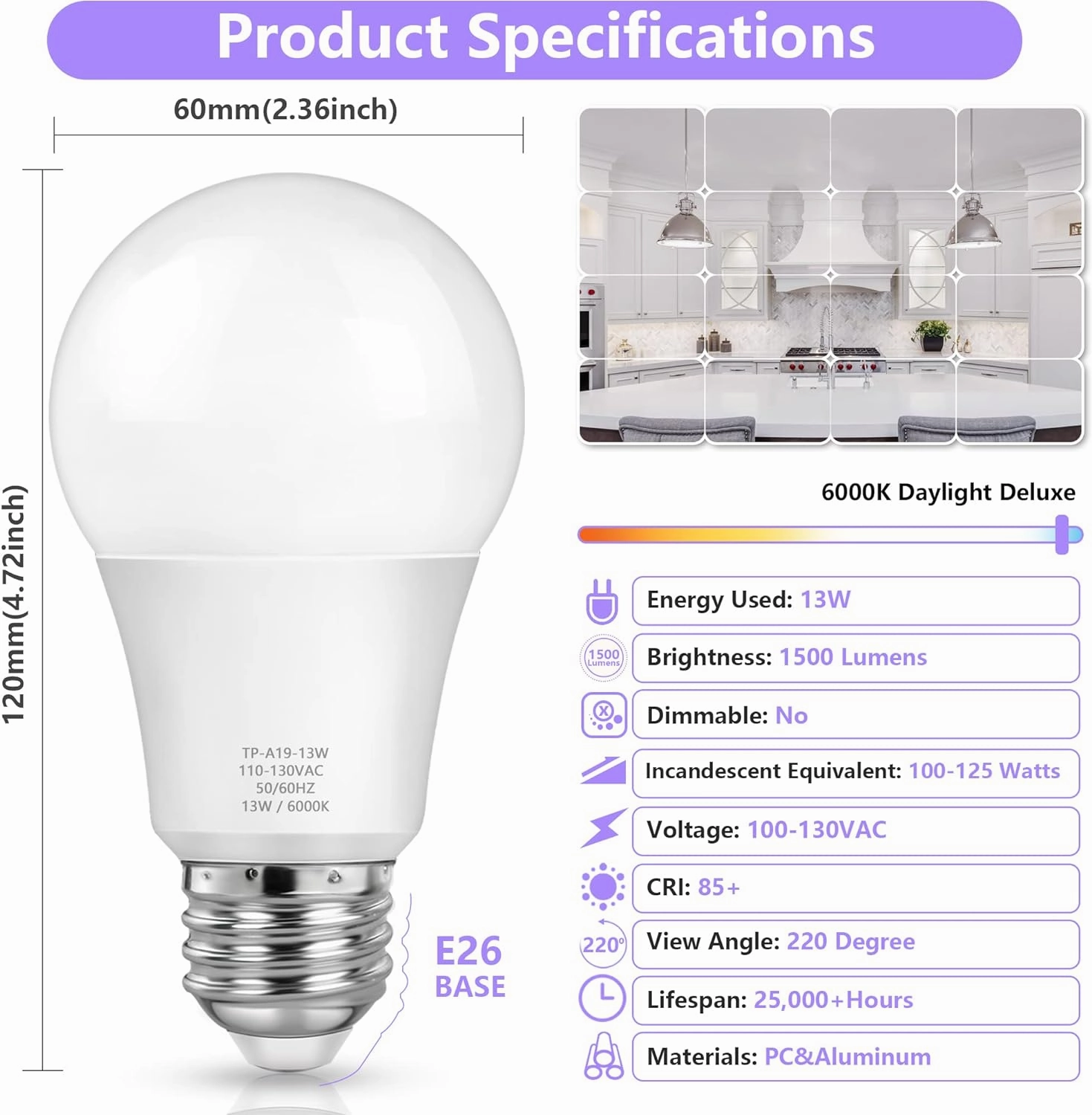 MAXvolador A19 LED Light Bulbs, 100 Watt Equivalent, Cool White 6000K, 1500LM, E26 Base, Non-Dimmable, 13W Bright White, 4-Pack