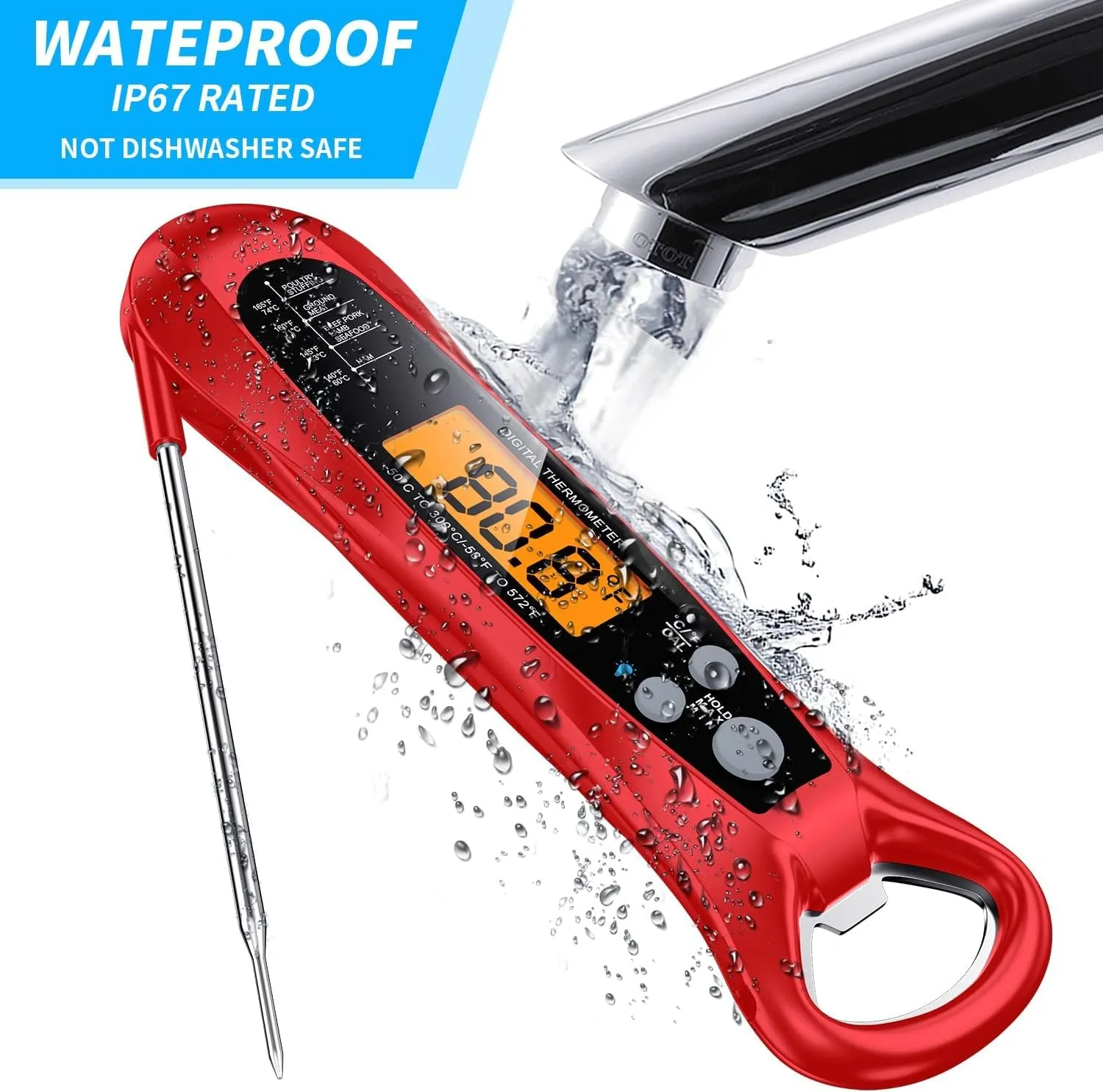 Meat Thermometer Digital, 1 Sec Instant Read, NIST Certified Accurate to ±0.5℉, Ultra Bright LED Screen, 100% Waterproof, Auto-Rotate, BBQ/Smoker/Candy, Valentines Gift, (Red) (Red)
