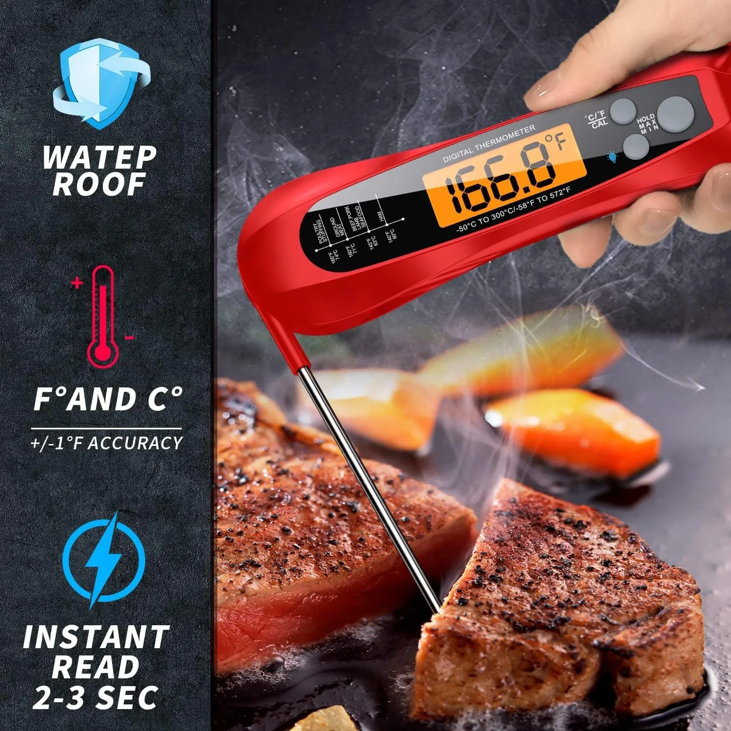 Meat Thermometer Digital, 1 Sec Instant Read, NIST Certified Accurate to ±0.5℉, Ultra Bright LED Screen, 100% Waterproof, Auto-Rotate, BBQ/Smoker/Candy, Valentines Gift, (Red) (Red)