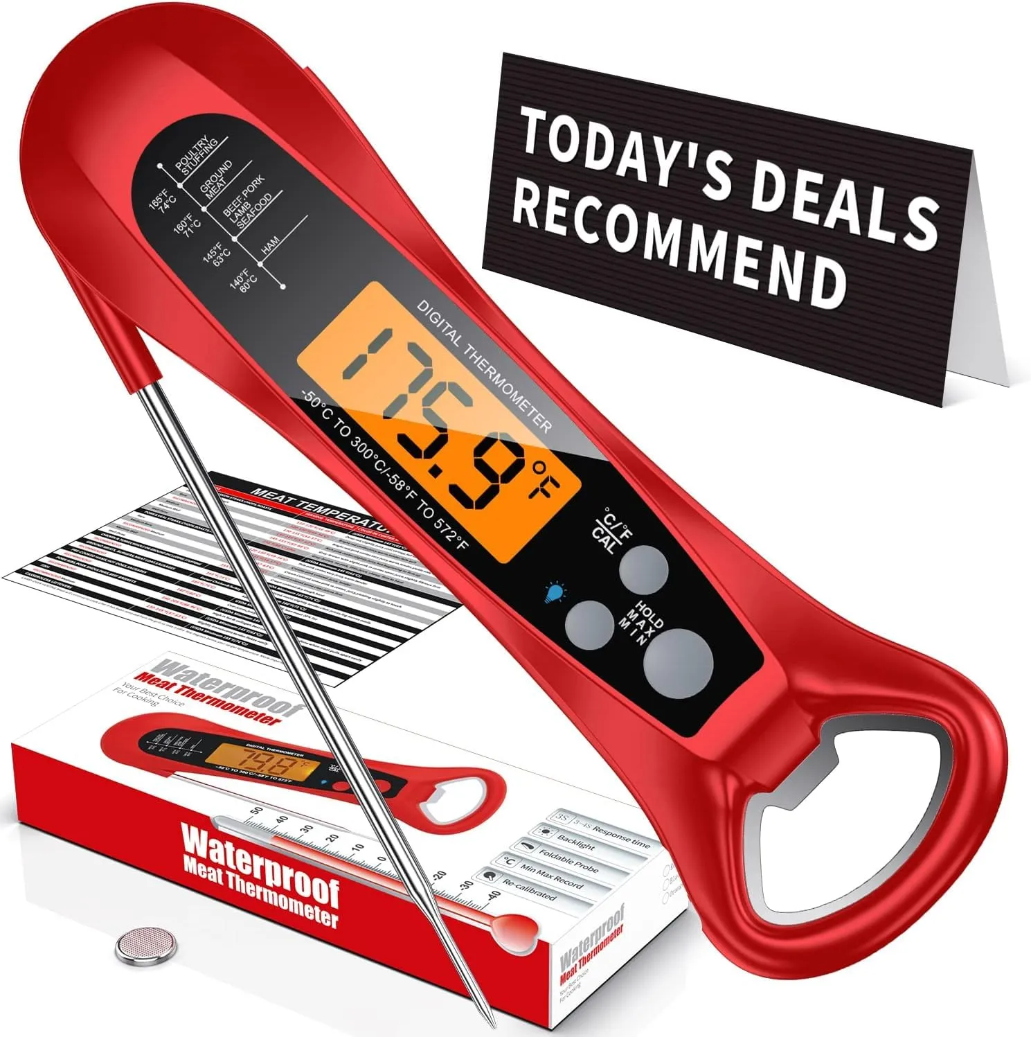 Meat Thermometer Digital, 1 Sec Instant Read, NIST Certified Accurate to ±0.5℉, Ultra Bright LED Screen, 100% Waterproof, Auto-Rotate, BBQ/Smoker/Candy, Valentines Gift, (Red) (Red)