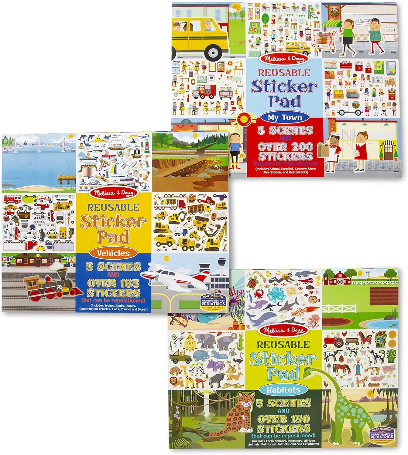 Melissa & Doug Reusable Sticker Pads Set: Habitats, Vehicles, Town: 115 Stickers - Restickable Stickers Book, Sticker Pads For Kids Ages 3 