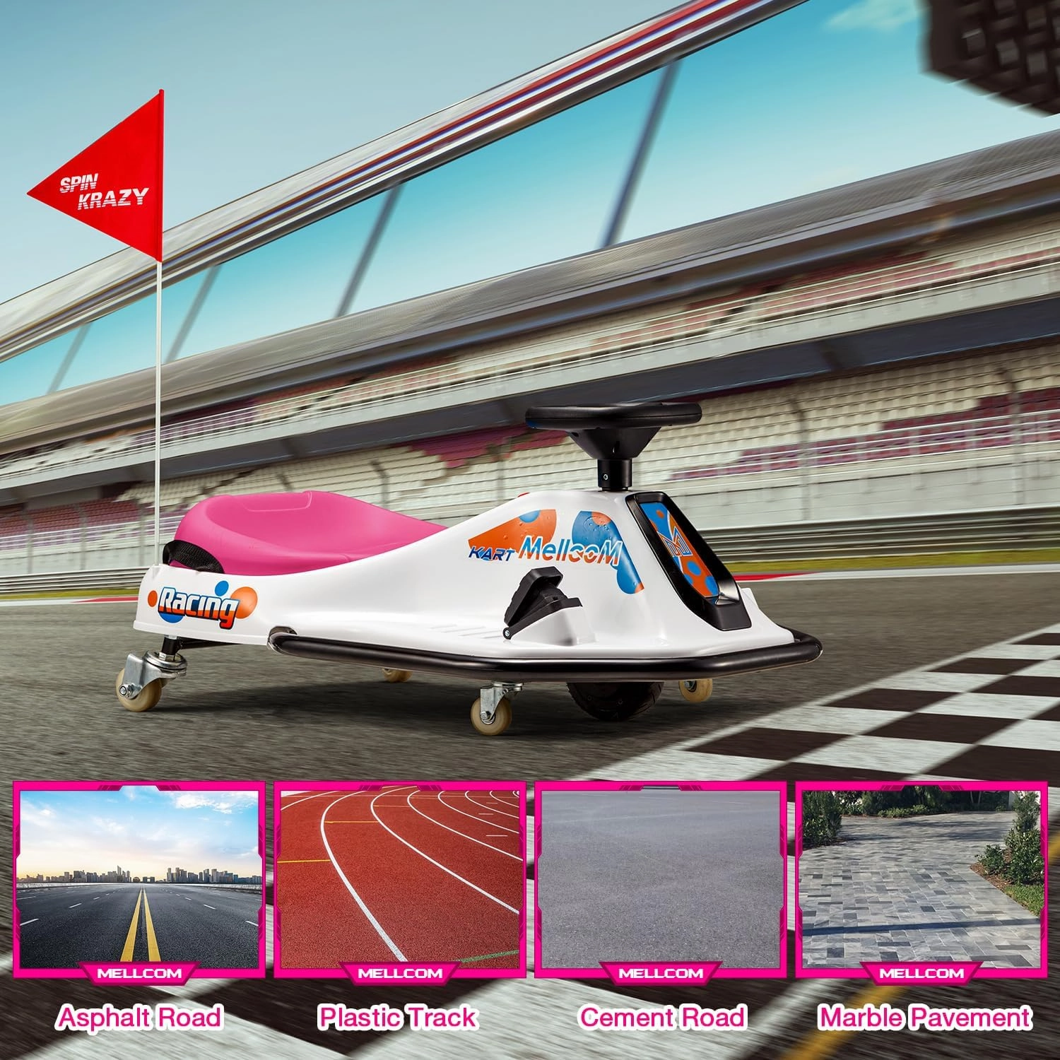MELLCOM 24V Electric Drifting Go Kart for Kids, Ride on Drift Kart with 360°Rotatable Universal Wheels, Kids Electric Toy Car with Acceleration Pedal, Bluetooth, Music, LED Lights, Flag, Pink