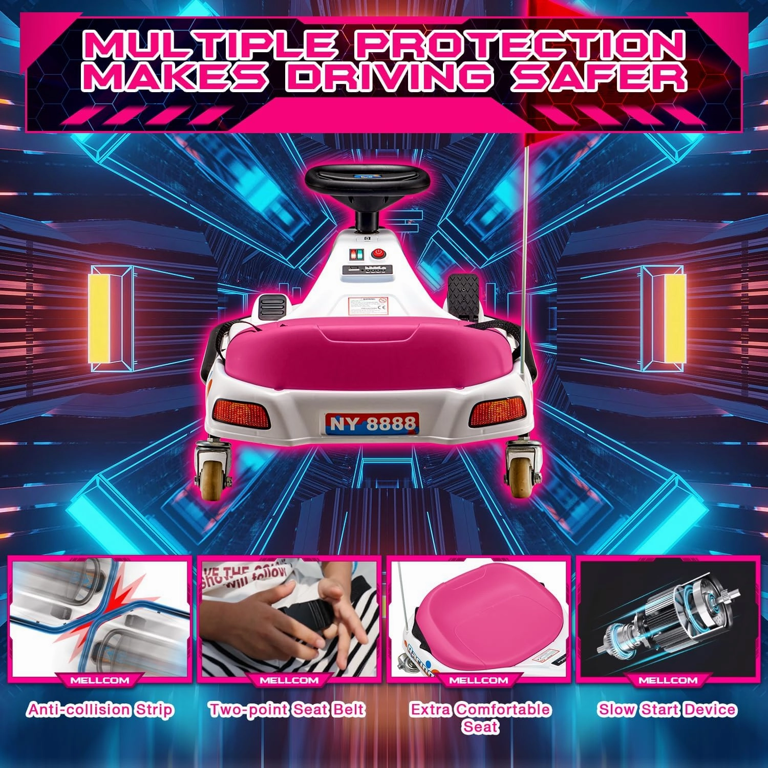 MELLCOM 24V Electric Drifting Go Kart for Kids, Ride on Drift Kart with 360°Rotatable Universal Wheels, Kids Electric Toy Car with Acceleration Pedal, Bluetooth, Music, LED Lights, Flag, Pink