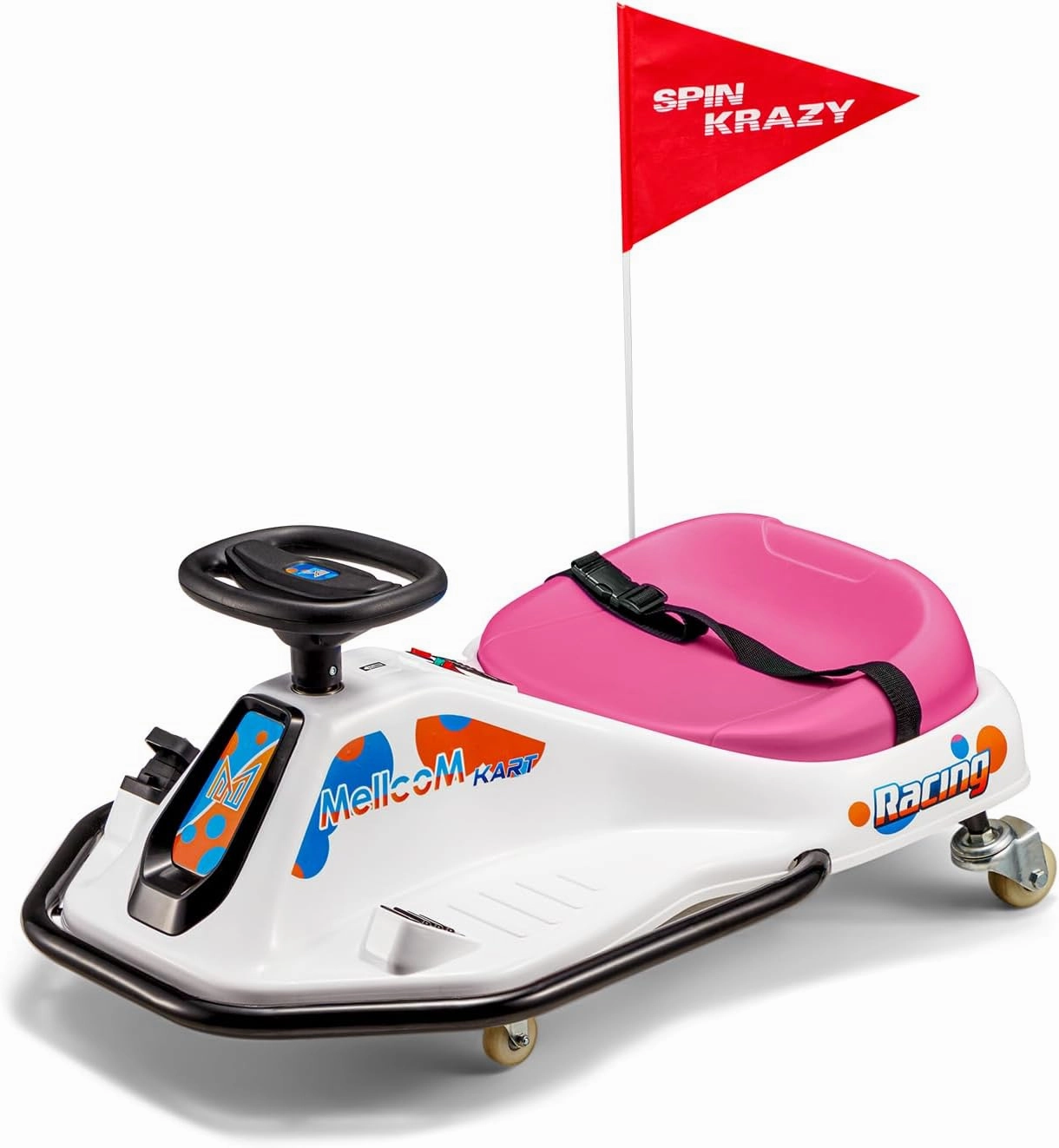 MELLCOM 24V Electric Drifting Go Kart for Kids, Ride on Drift Kart with 360°Rotatable Universal Wheels, Kids Electric Toy Car with Acceleration Pedal, Bluetooth, Music, LED Lights, Flag, Pink