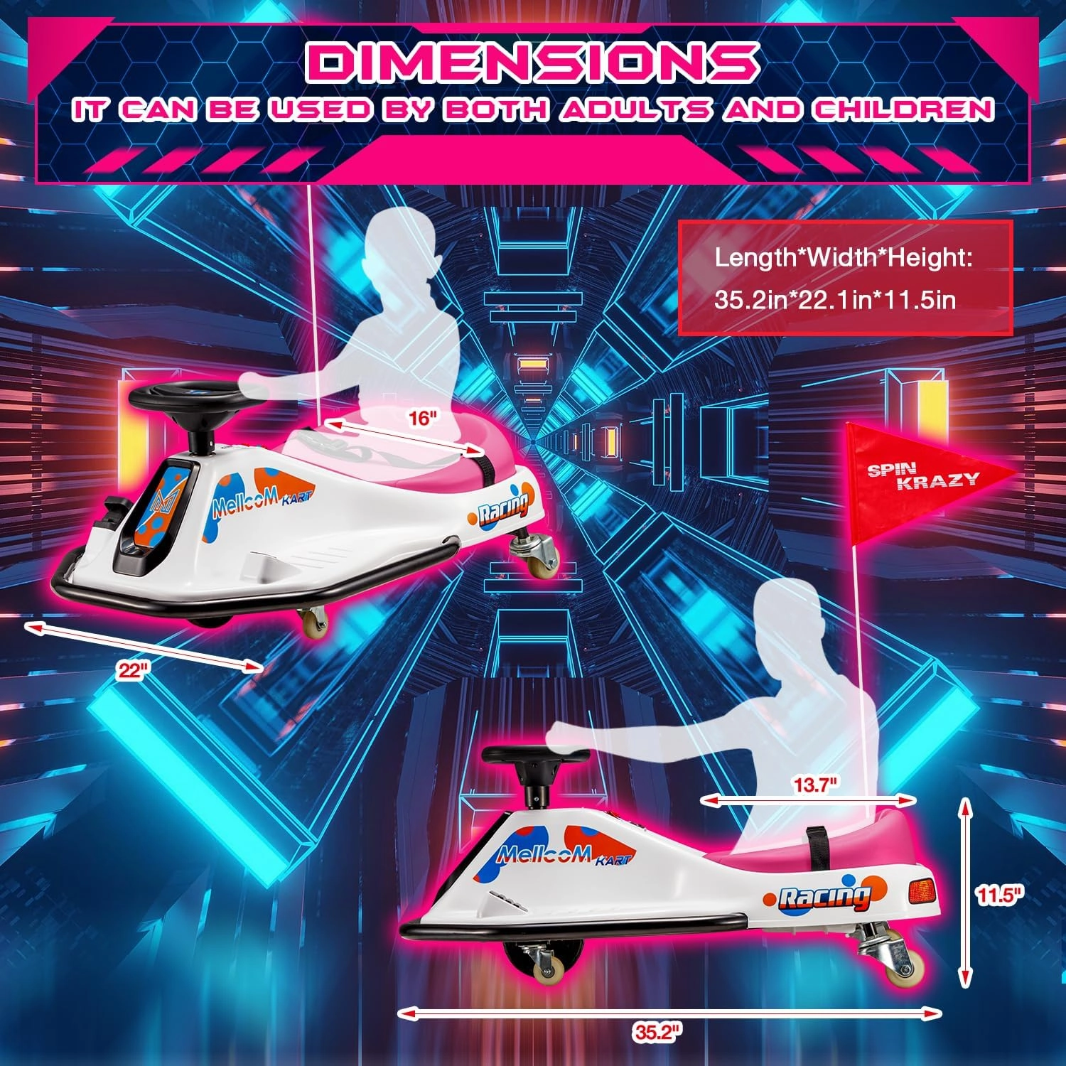 MELLCOM 24V Electric Drifting Go Kart for Kids, Ride on Drift Kart with 360°Rotatable Universal Wheels, Kids Electric Toy Car with Acceleration Pedal, Bluetooth, Music, LED Lights, Flag, Pink
