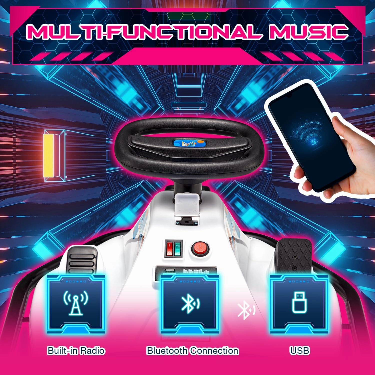 MELLCOM 24V Electric Drifting Go Kart for Kids, Ride on Drift Kart with 360°Rotatable Universal Wheels, Kids Electric Toy Car with Acceleration Pedal, Bluetooth, Music, LED Lights, Flag, Pink