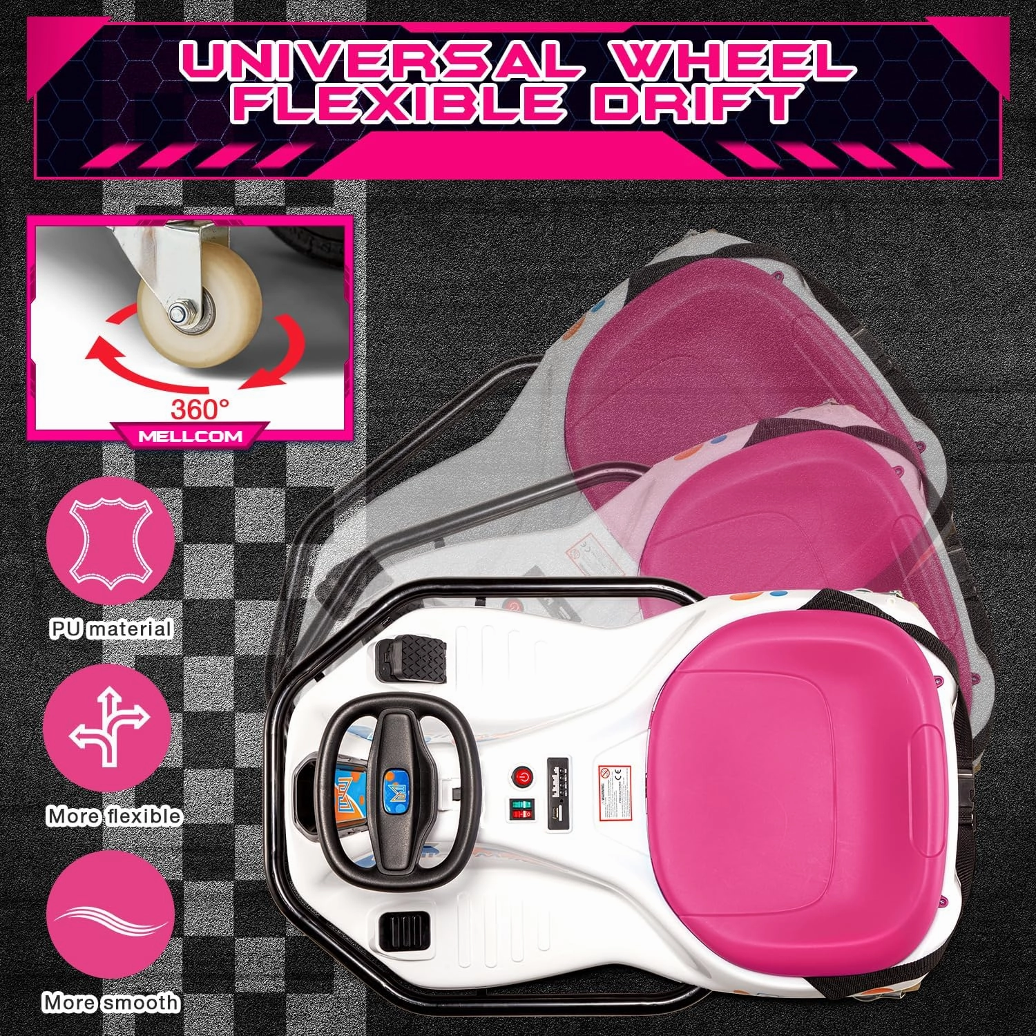 MELLCOM 24V Electric Drifting Go Kart for Kids, Ride on Drift Kart with 360°Rotatable Universal Wheels, Kids Electric Toy Car with Acceleration Pedal, Bluetooth, Music, LED Lights, Flag, Pink
