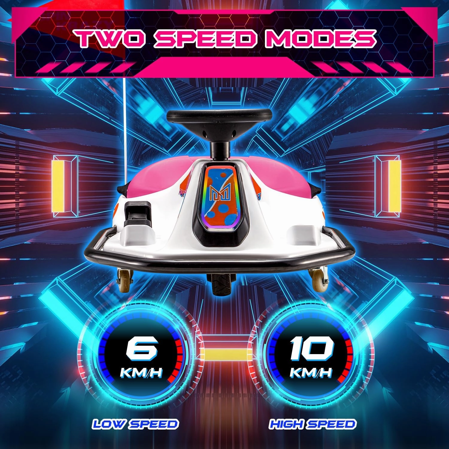 MELLCOM 24V Electric Drifting Go Kart for Kids, Ride on Drift Kart with 360°Rotatable Universal Wheels, Kids Electric Toy Car with Acceleration Pedal, Bluetooth, Music, LED Lights, Flag, Pink