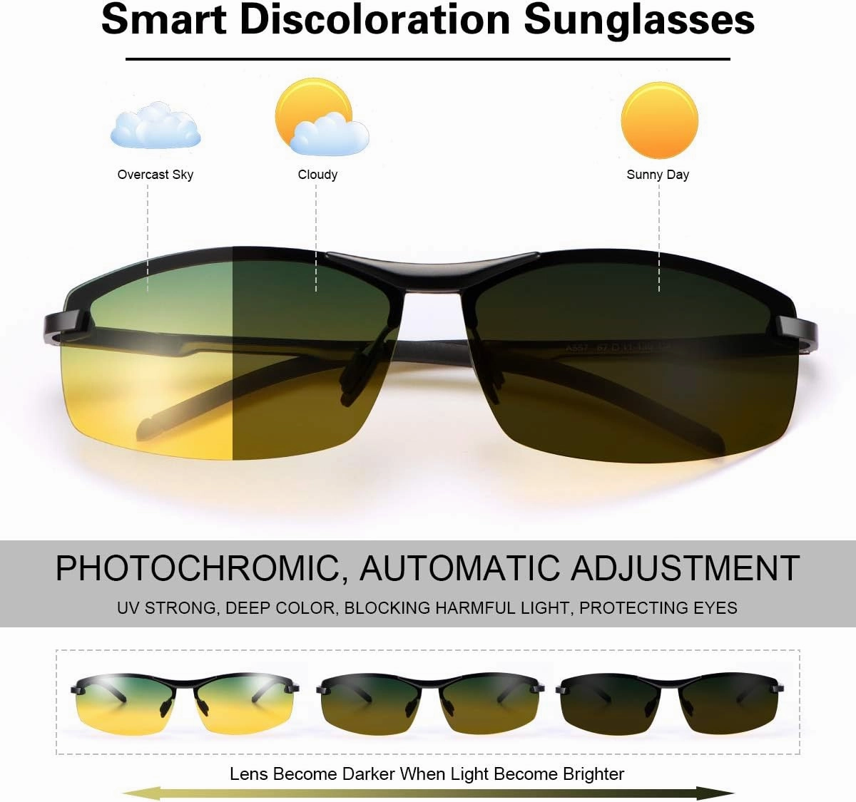 Men's Photochromic Polarized Sunglasses Al-Mg Metal Frame Sports Driving Glasses UV400 Protection Anti Glare Eyewear