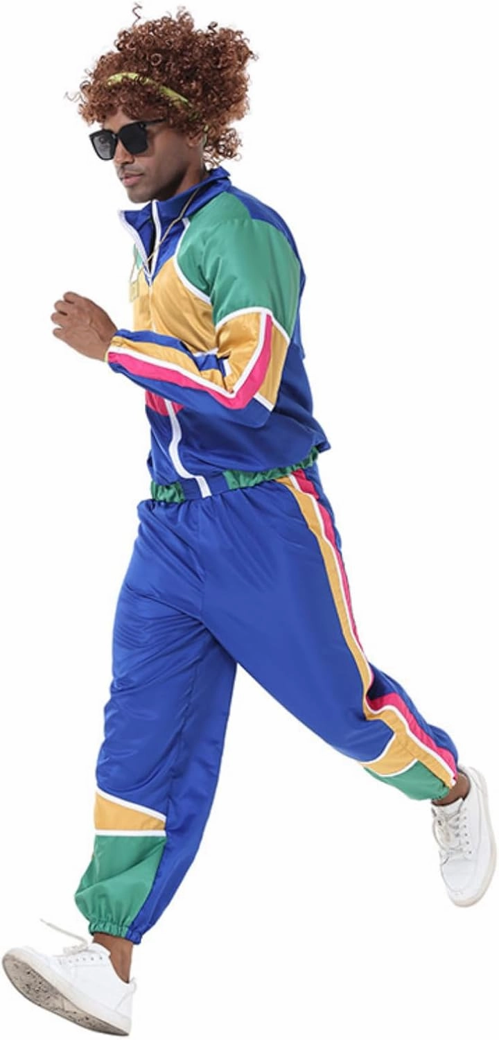 Mens 80s Tracksuit Retro Sportswear Adult Disco Tracksuits Hip Hop Sports Suit Colorblock Jacket Outfits Carnival Set