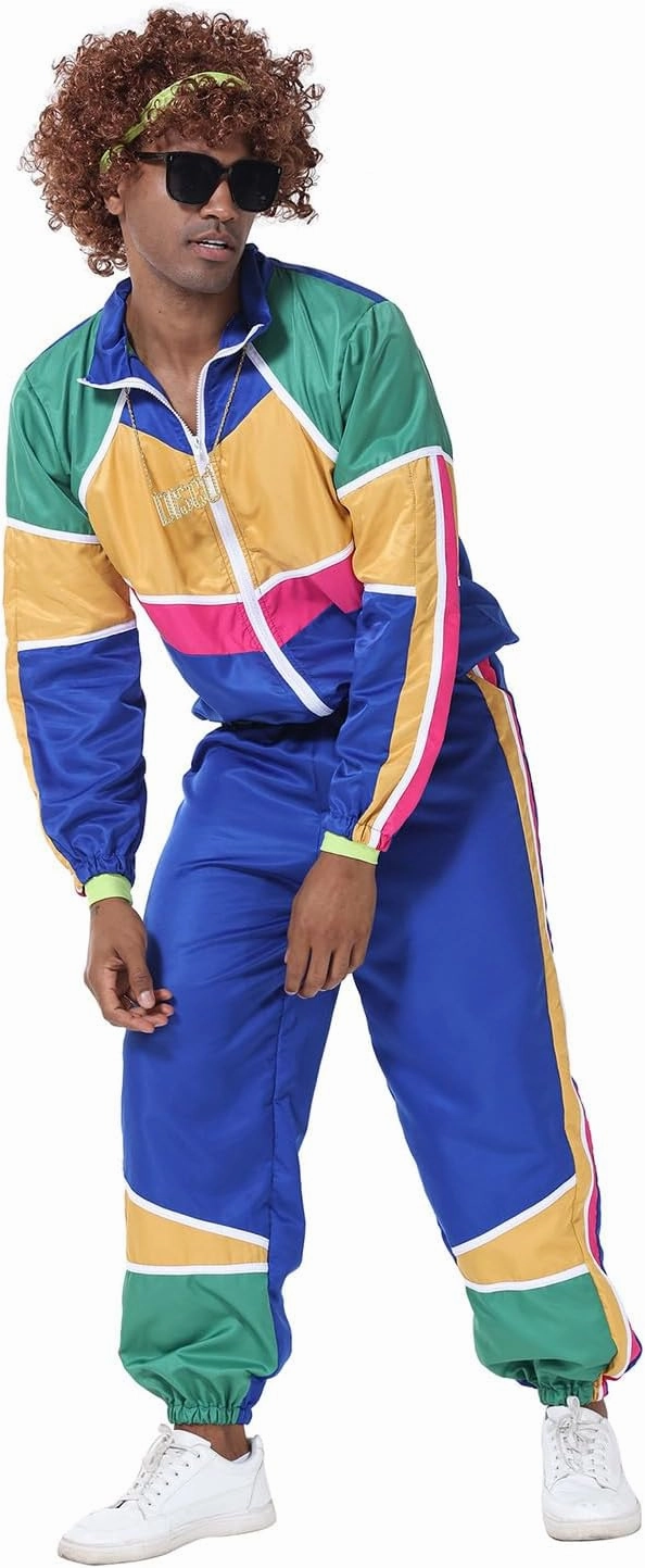 Mens 80s Tracksuit Retro Sportswear Adult Disco Tracksuits Hip Hop Sports Suit Colorblock Jacket Outfits Carnival Set