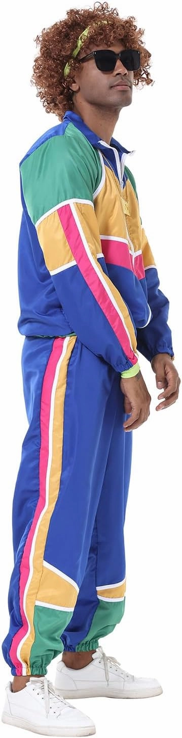 Mens 80s Tracksuit Retro Sportswear Adult Disco Tracksuits Hip Hop Sports Suit Colorblock Jacket Outfits Carnival Set