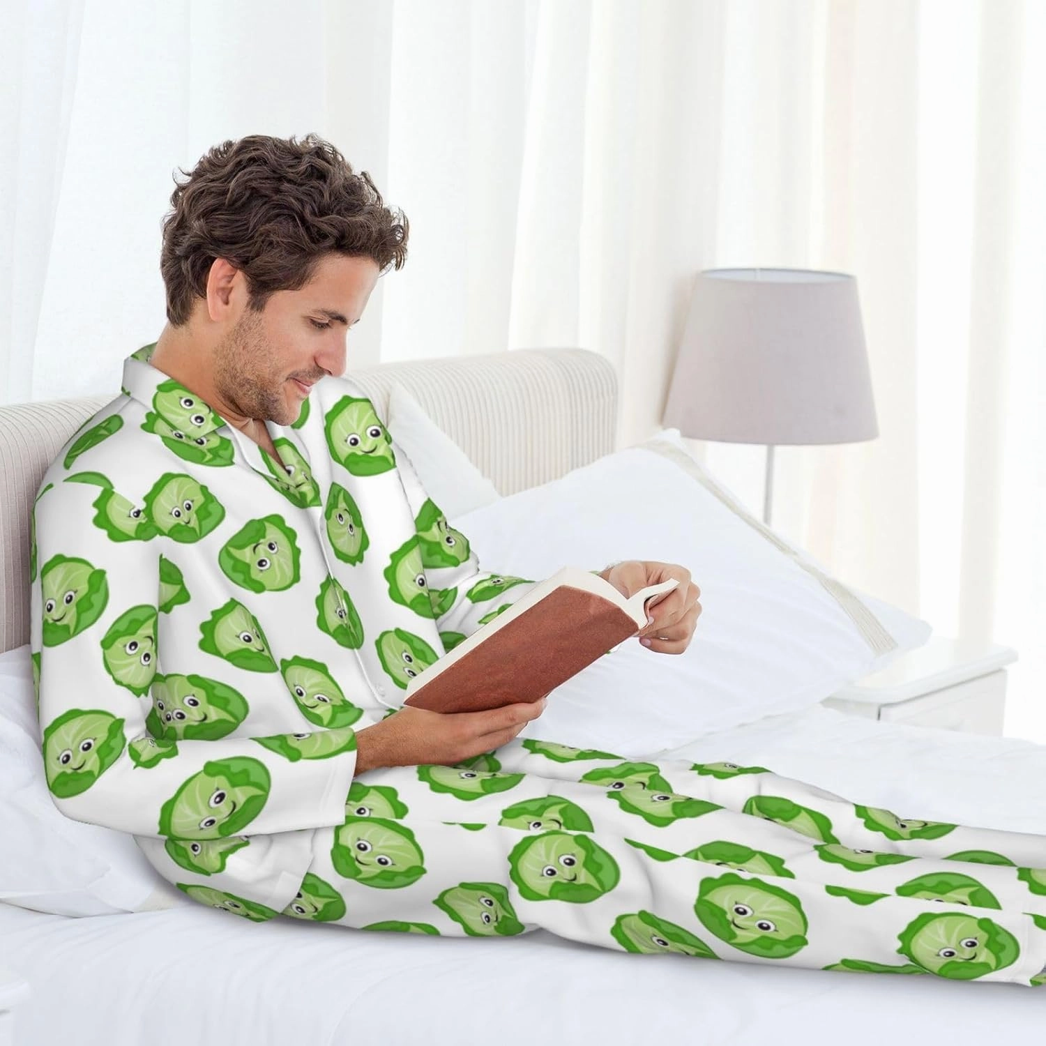 Mens Pajamas Set - Bright Cabbage Cute Eyes Funny Long Sleeve Sleepwear Nightwear Pjs Lounge Pajama Sets For Men
