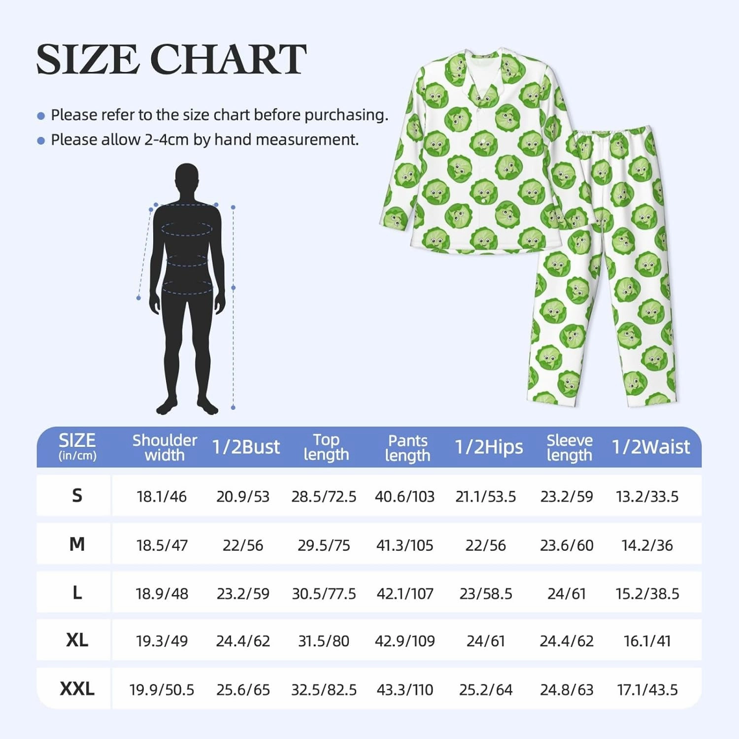 Mens Pajamas Set - Bright Cabbage Cute Eyes Funny Long Sleeve Sleepwear Nightwear Pjs Lounge Pajama Sets For Men