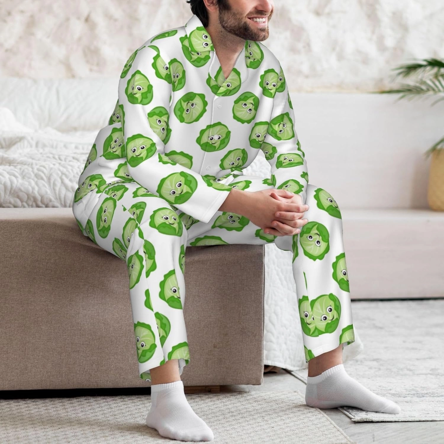 Mens Pajamas Set - Bright Cabbage Cute Eyes Funny Long Sleeve Sleepwear Nightwear Pjs Lounge Pajama Sets For Men