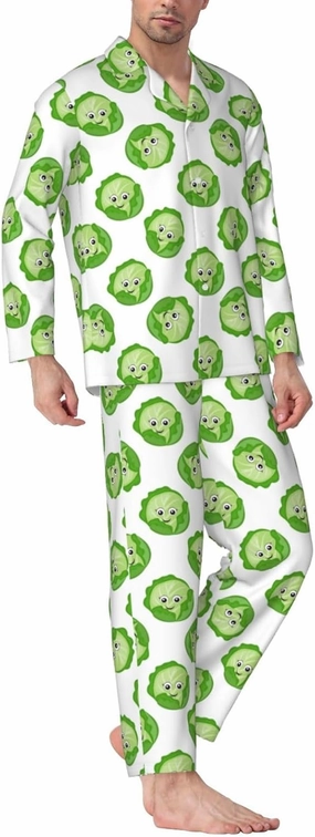 Mens Pajamas Set - Bright Cabbage Cute Eyes Funny Long Sleeve Sleepwear Nightwear Pjs Lounge Pajama Sets For Men