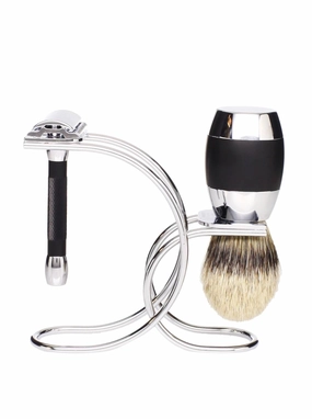 Merkur Merkur Razor Set 3-pieces (Razor 30 011, Shaving Brush, Stand), Bright Chrome/Anodized Aluminum, Black, 1 ct.