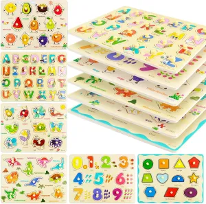 MerryPony Wooden Peg Puzzle for Toddlers 2 3 4 Years Old, 6 Pcs Montessori Toddler Puzzle - Alphabet, Shape, Number, Fruit, Dinosaur and Insect Puzzles, Baby Puzzle, Learning & Education Toys for Kids