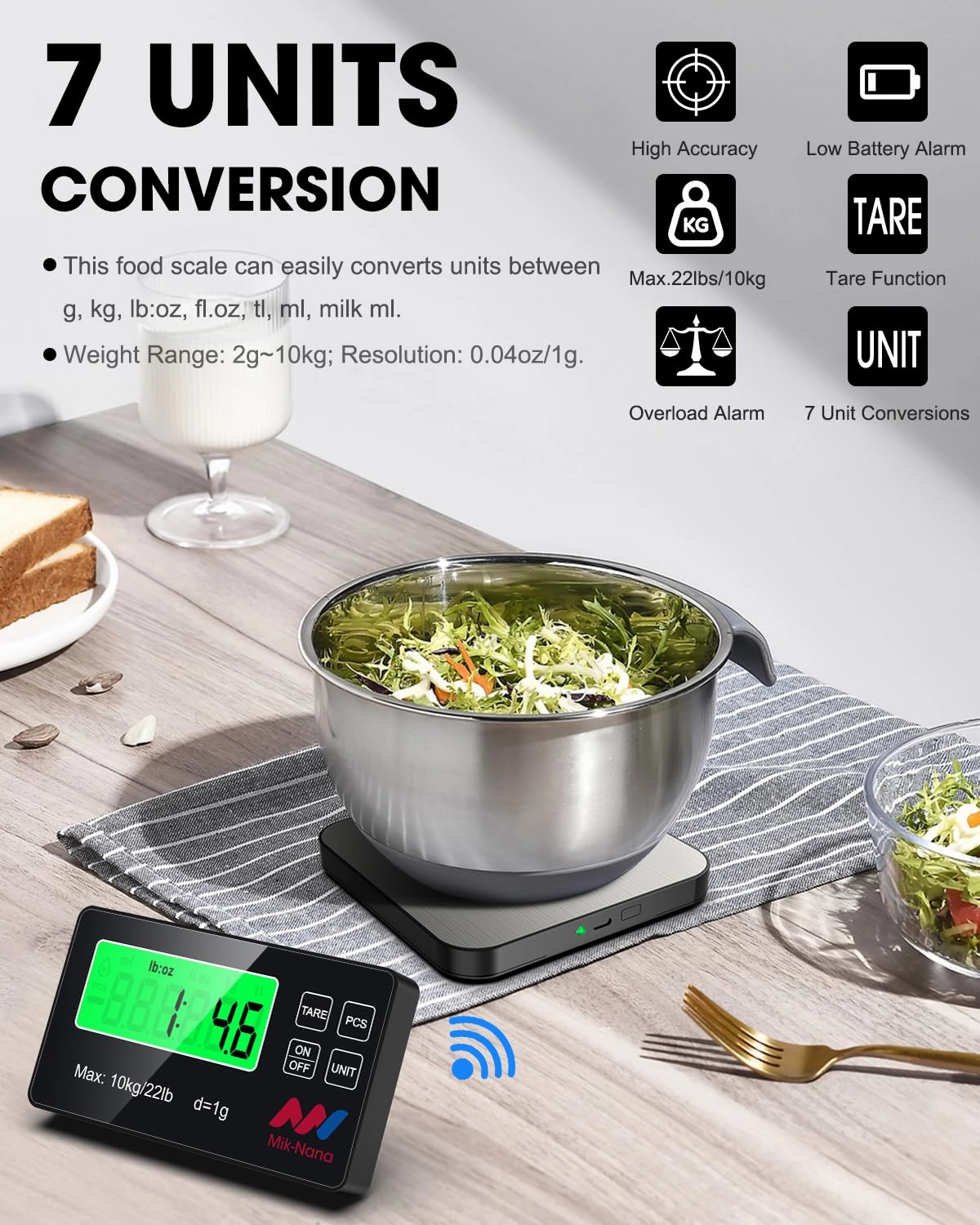 Mik-Nana 22lb Wireless Food Scale with Remote Display, 1g/0.1oz Precise, Stainless Steel Pan, Digital Kitchen Scale Weight Grams and Ounces for Baking Cooking Meal Prep Package Parcels, Easy Tare