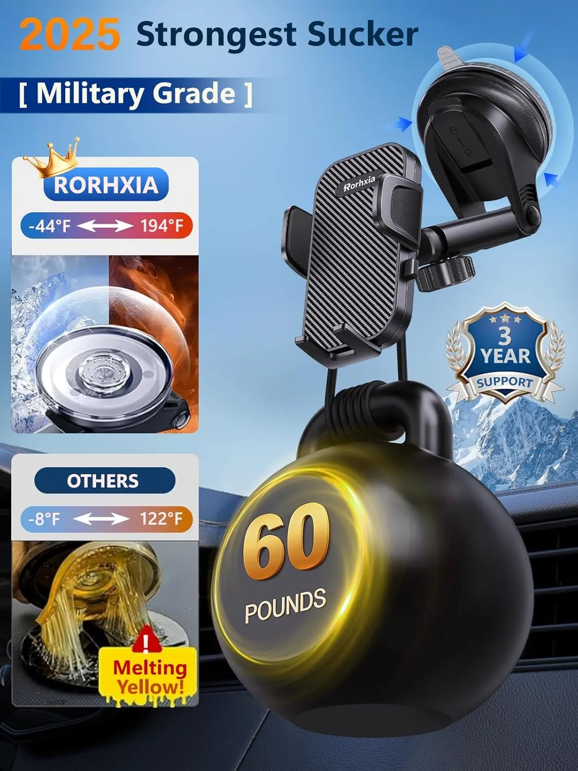 [Military-Grade] 3-in-1 Phone Holders for Your Car, [2025 Most Stable and Flexible Suction Cup] Vent Dashboard Windshield Cell Phone Mount Car Fit for All Phones, iPhone, Samsung