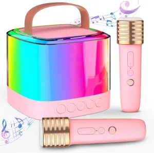 Mini Karaoke Machine for Kids Adults, Portable Bluetooth Karaoke Speaker with 2 Wireless Mics and LED Color Lights, Inside The Car, Party, Home KTV, Birthday for Girls/Boys Ages 3-12 , Pink