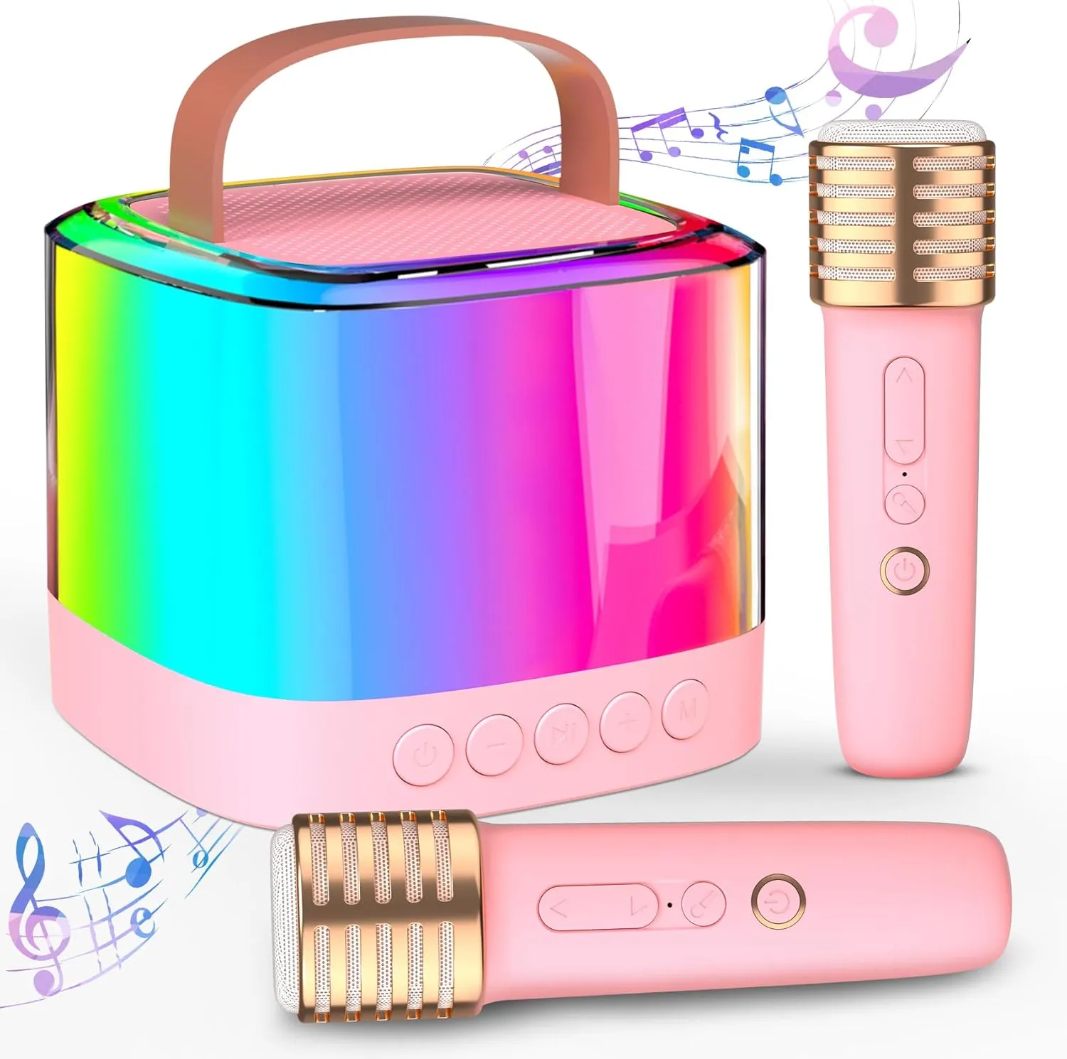 Mini Karaoke Machine for Kids Adults, Portable Bluetooth Karaoke Speaker with 2 Wireless Mics and LED Color Lights, Inside The Car, Party, Home KTV, Birthday for Girls/Boys Ages 3-12 , Pink